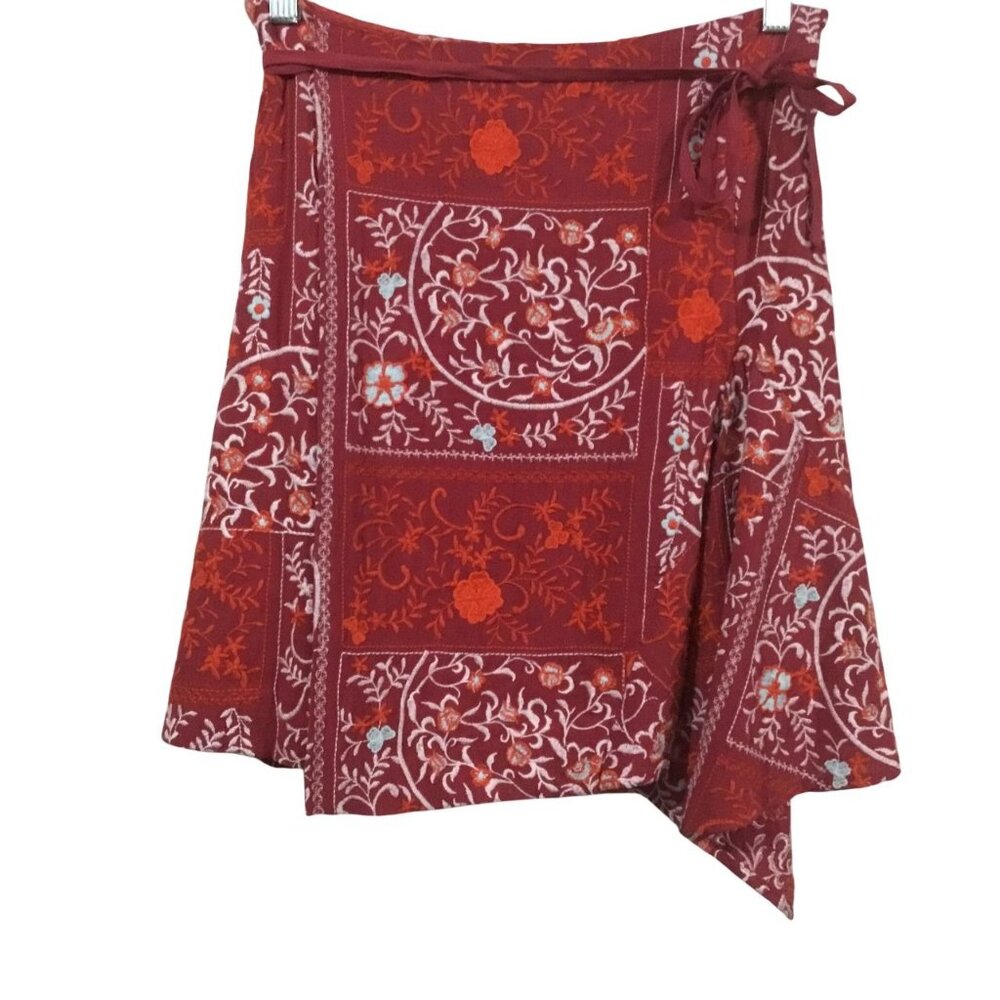 Anthropologie Red White Embroidered Faux Wrap Tie Waist  Coastal Cowgirl Skirt 6